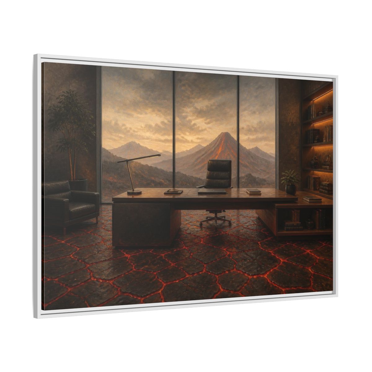 Side Mockup 7. Volcanic Office View shown as framed canvas print
