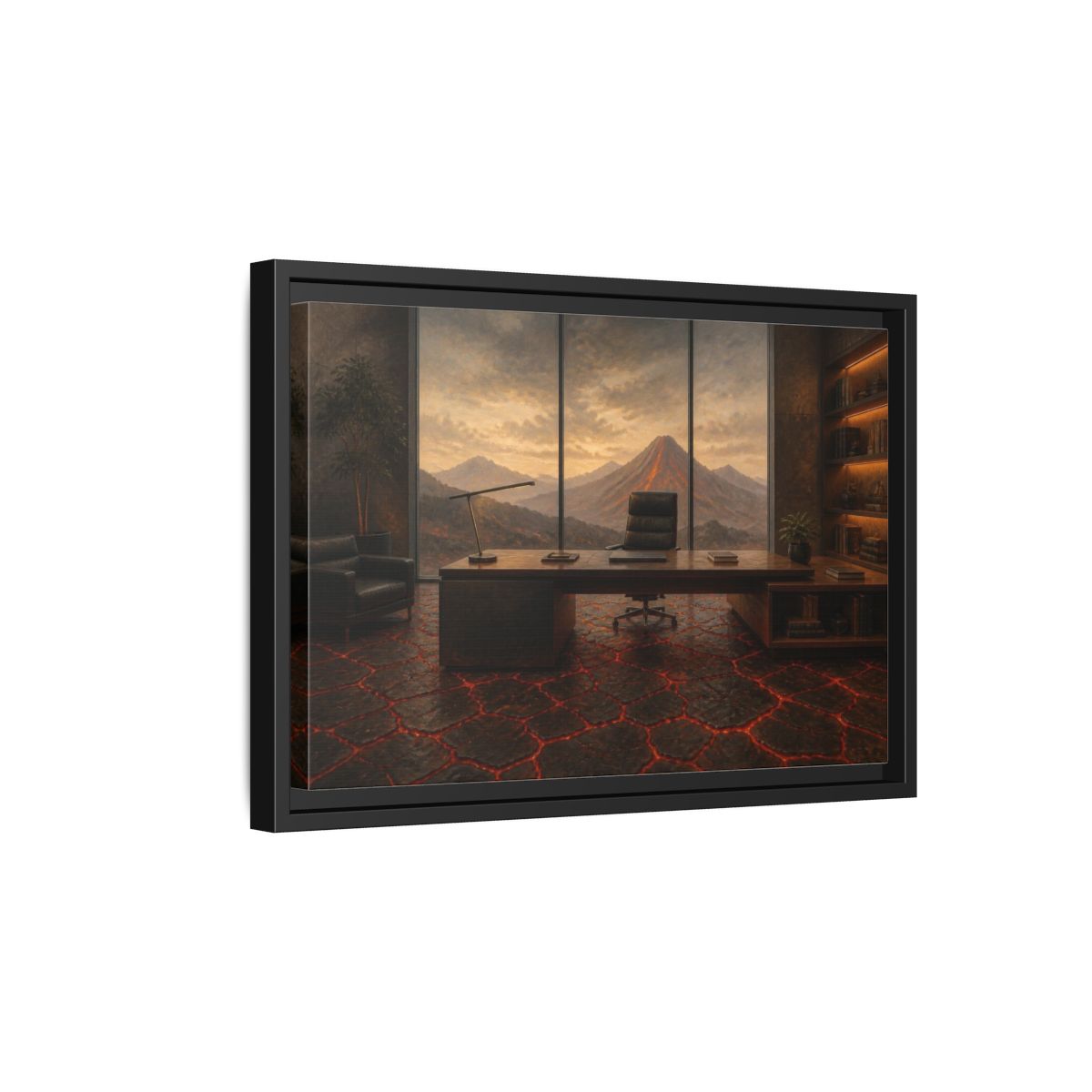 Side Mockup 6. Volcanic Office View shown as framed canvas print
