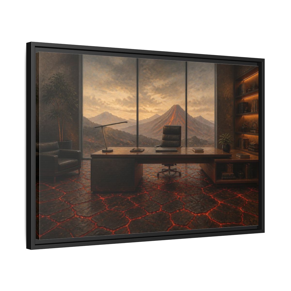 Side Mockup 14. Volcanic Office View shown as framed canvas print