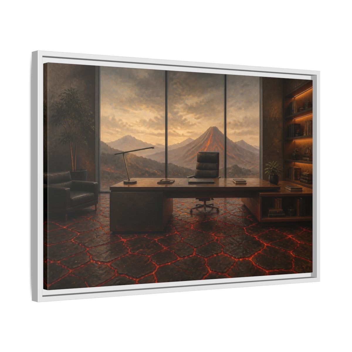 Side Mockup 10. Volcanic Office View shown as framed canvas print