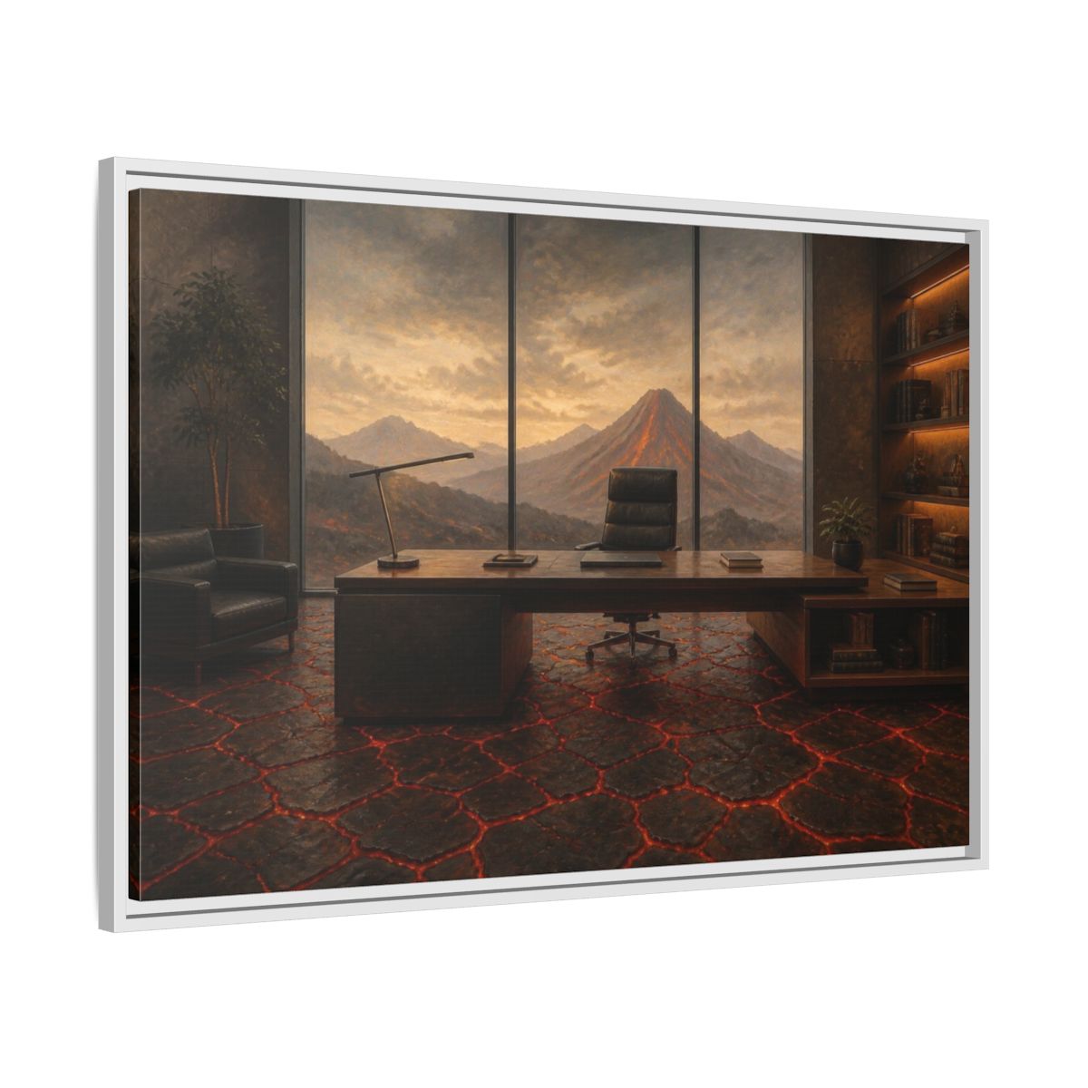 Side Mockup 9. Volcanic Office View shown as framed canvas print