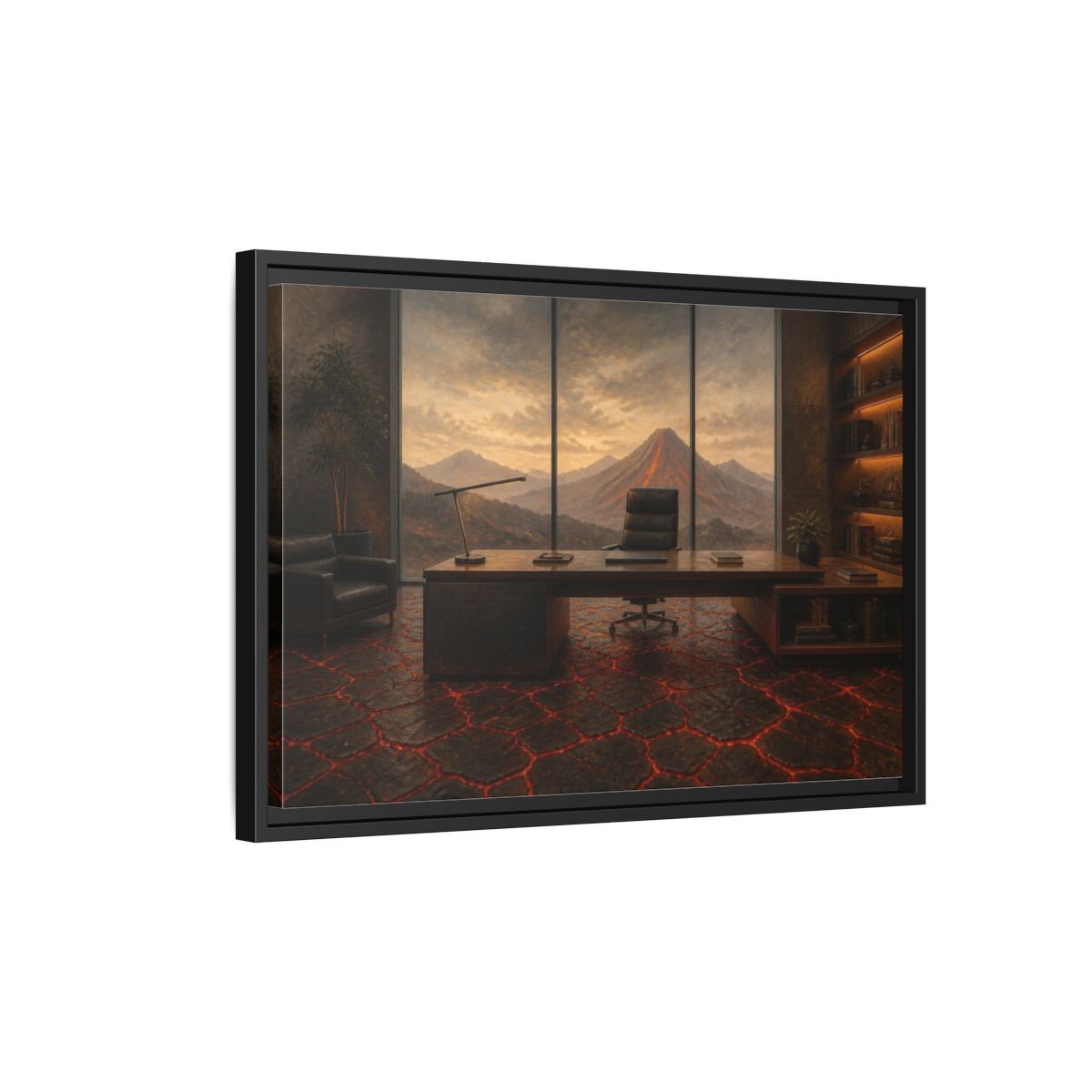 Side Mockup 3. Volcanic Office View shown as framed canvas print