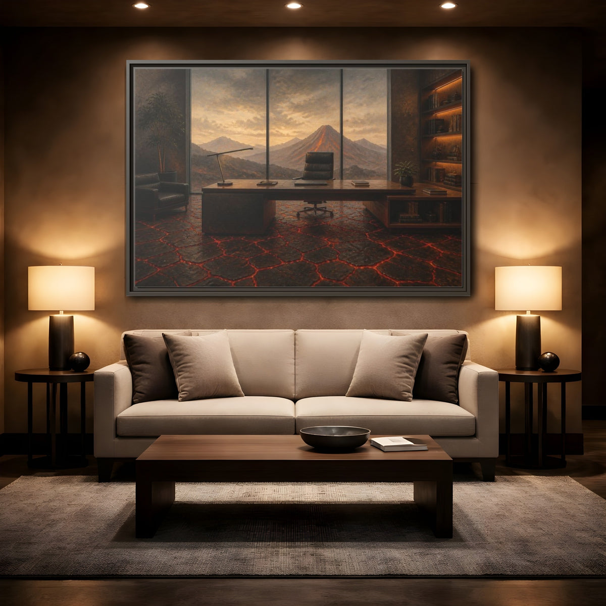 Mockup 2. Volcanic Office View shown as framed canvas print