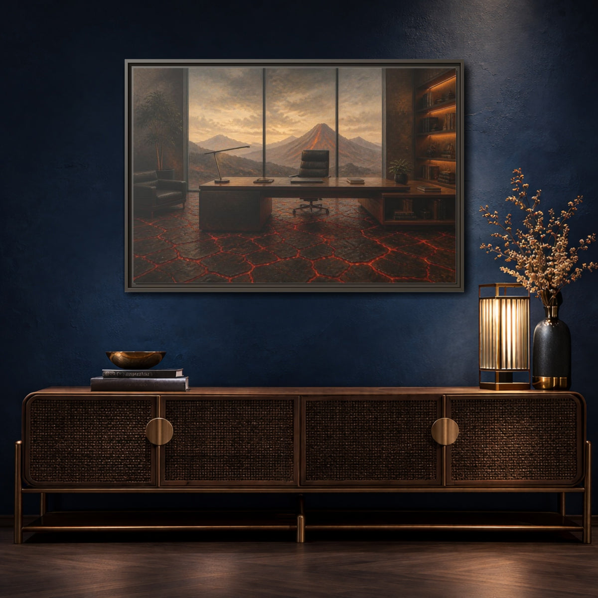 Mockup 4. Volcanic Office View shown as framed canvas print