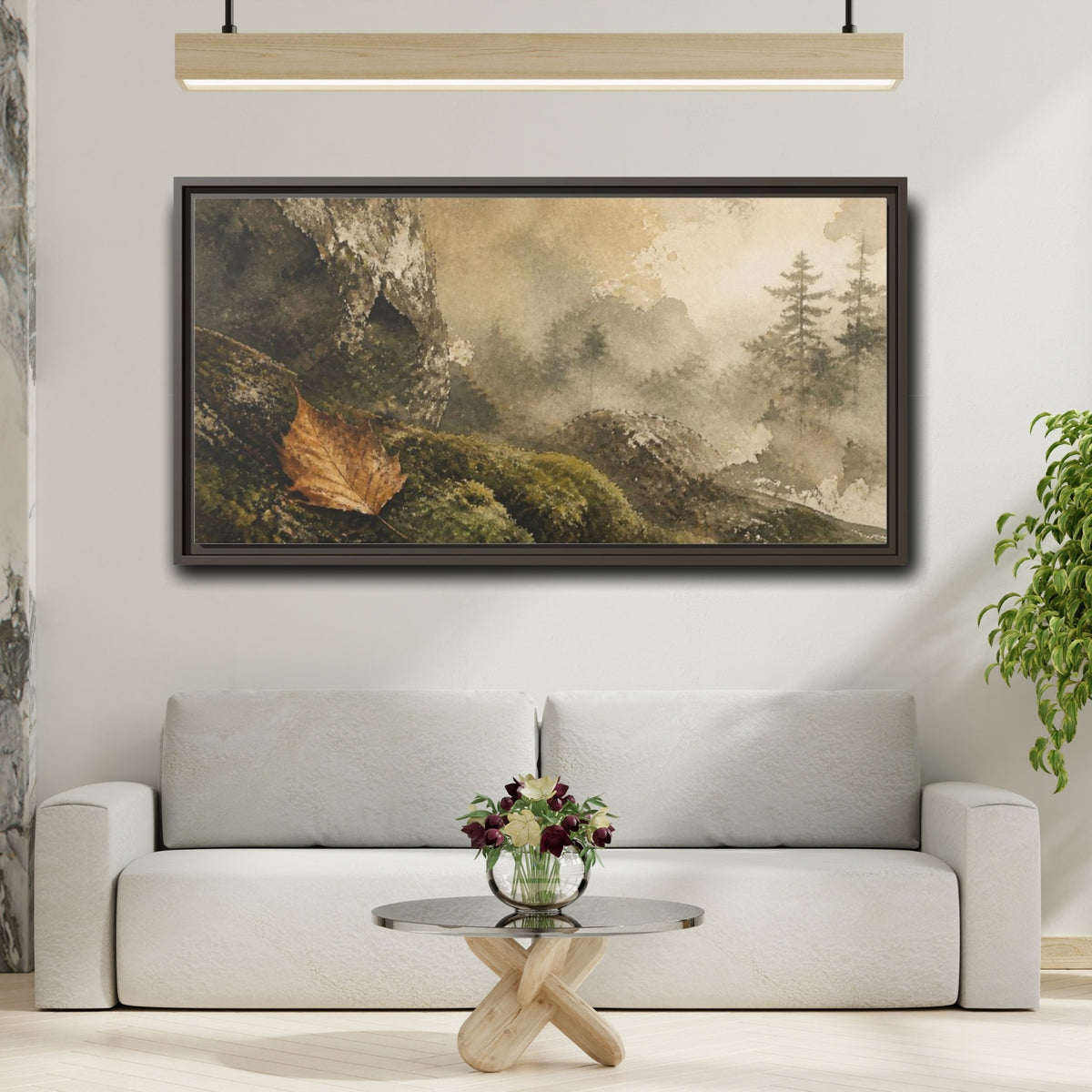 Mockup 2. Wabi Sabi Amber Leaf shown as framed canvas print