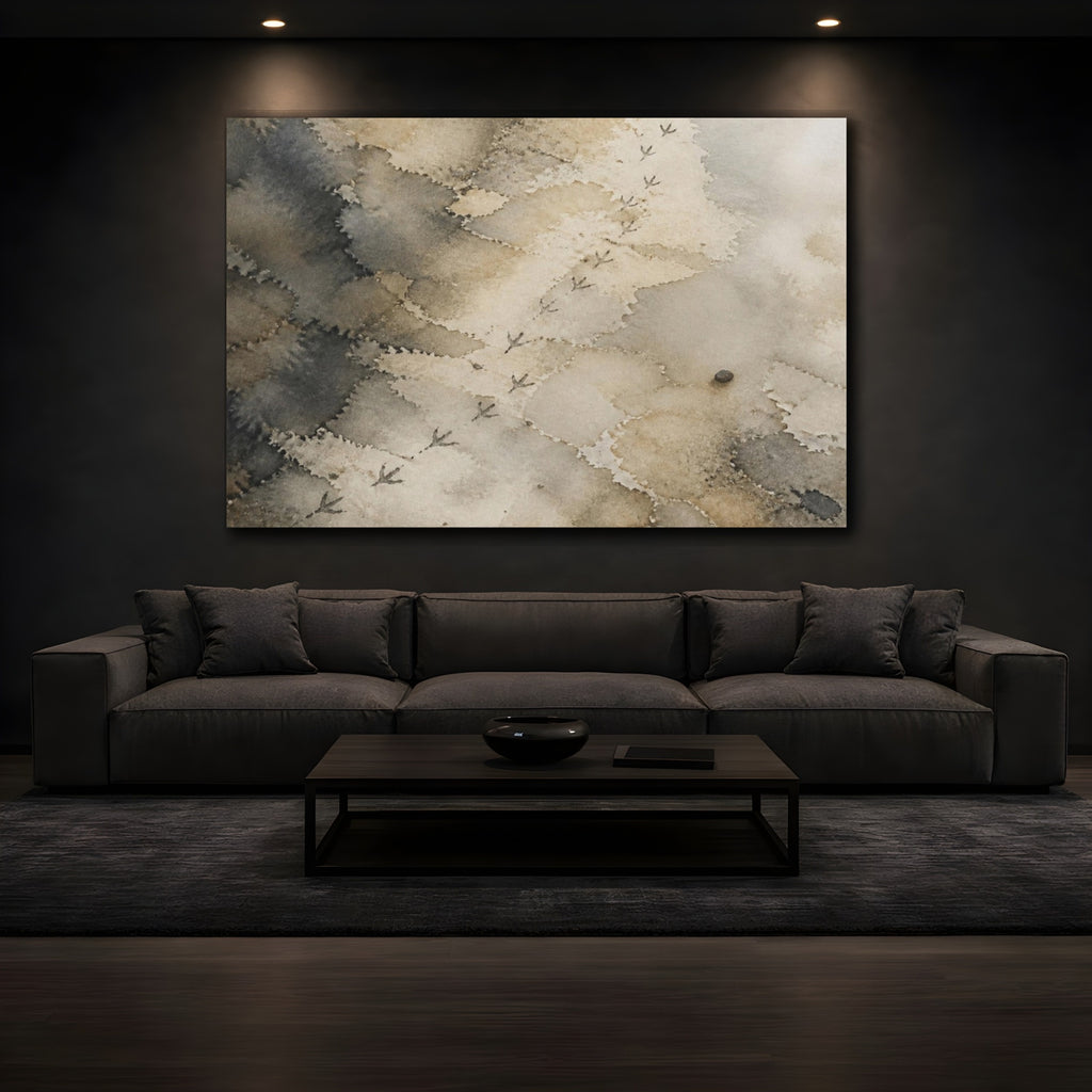 Mockup 3. Wabi Sabi Bird Tracks shown as canvas print