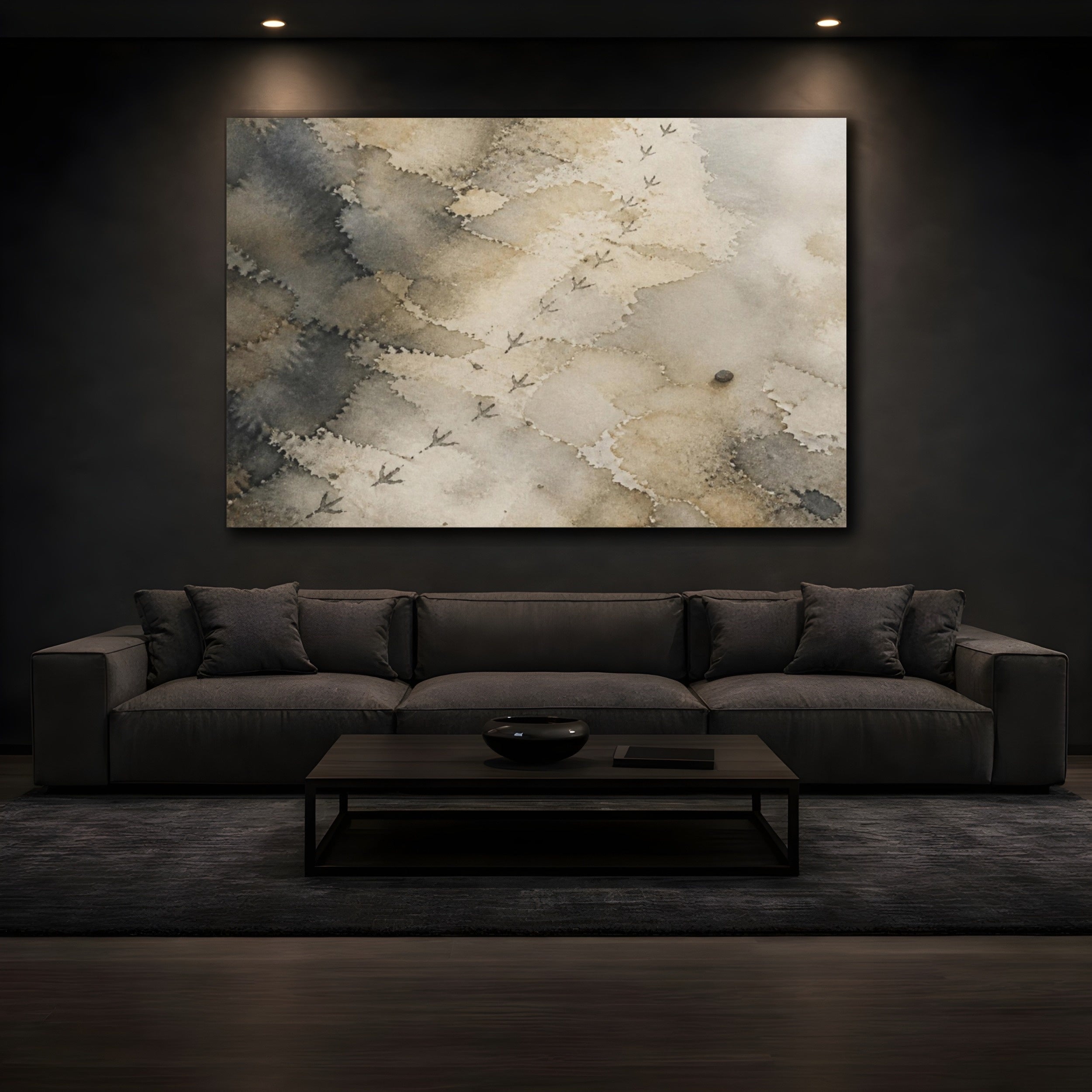 Mockup 3. Wabi Sabi Bird Tracks shown as canvas print