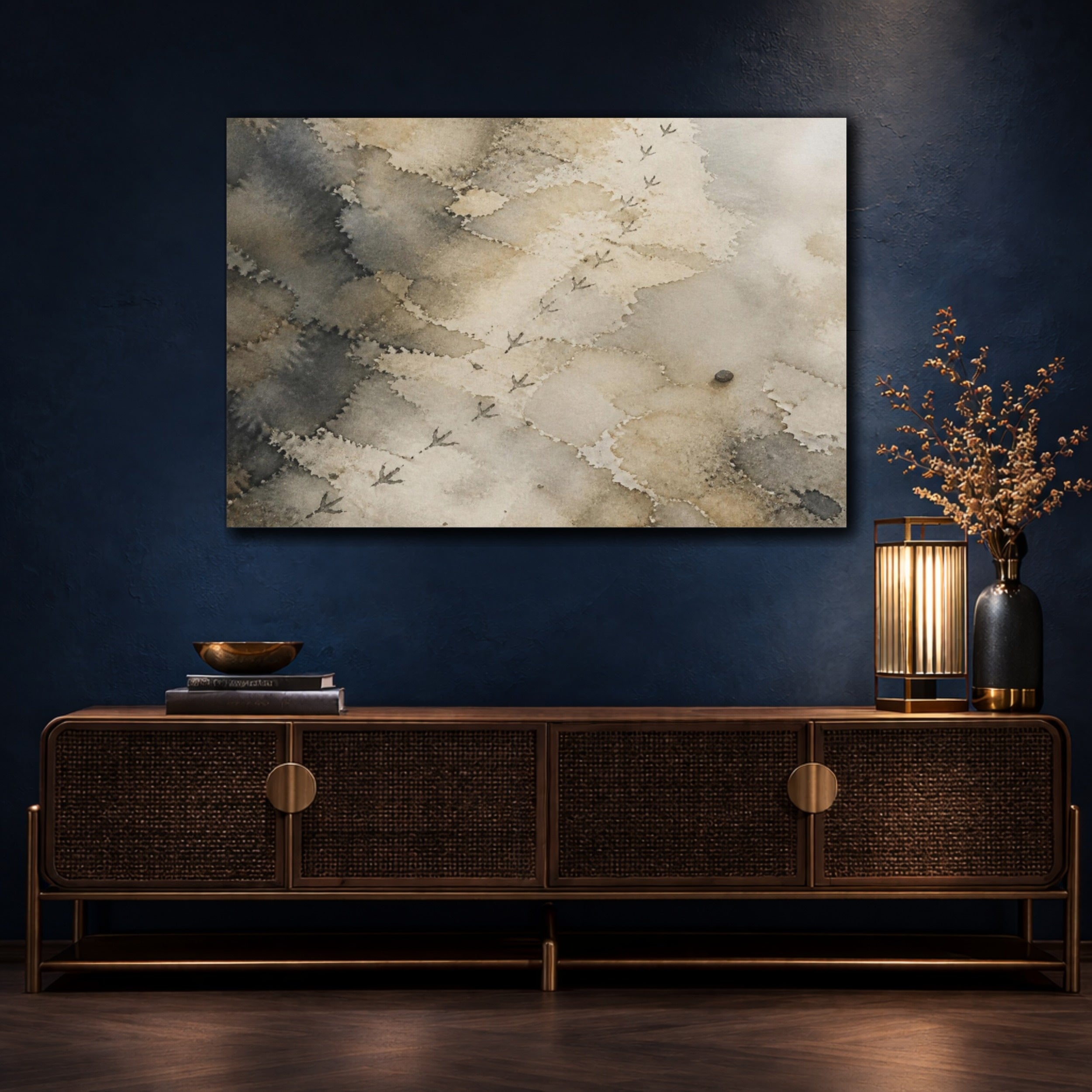 Mockup 4. Wabi Sabi Bird Tracks shown as canvas print