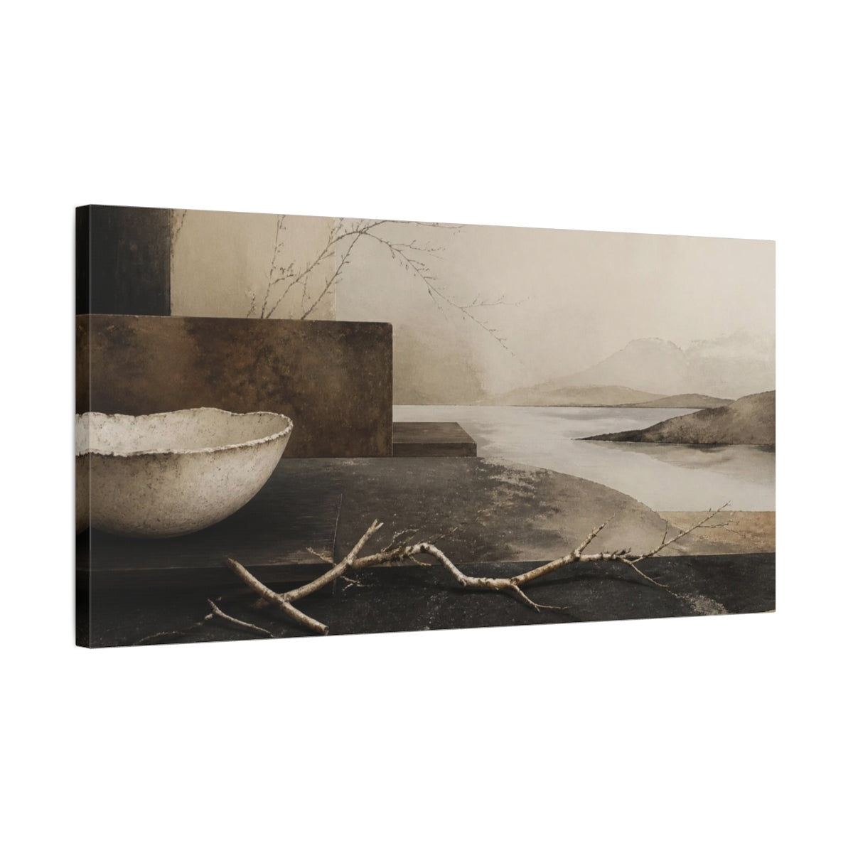 Side Mockup 1. Wabi Sabi Branch Still Life shown as canvas print