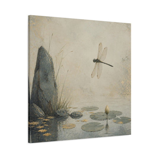 Main Mockup. Wabi Sabi Dragonfly Pond shown as canvas print