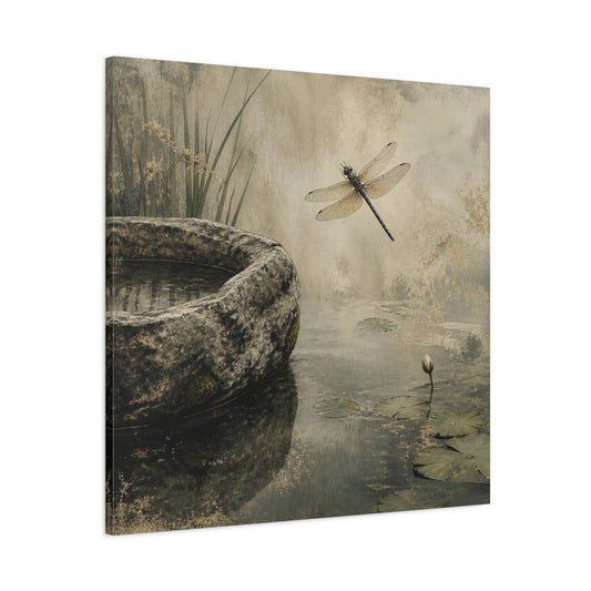 Main Mockup. Wabi Sabi Dragonfly Pond shown as canvas print