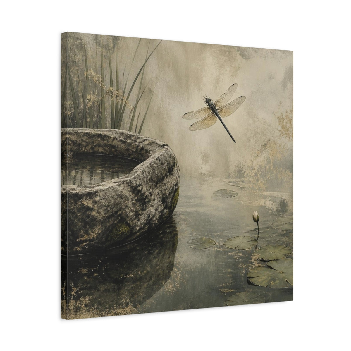 Side Mockup 4. Wabi Sabi Dragonfly Pond shown as canvas print