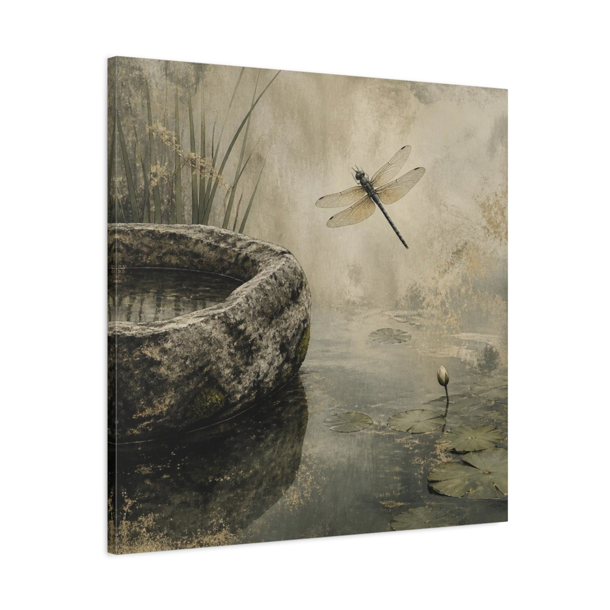 Side Mockup 3. Wabi Sabi Dragonfly Pond shown as canvas print