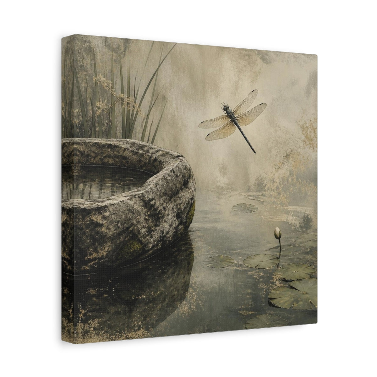 Side Mockup 8. Wabi Sabi Dragonfly Pond shown as canvas print