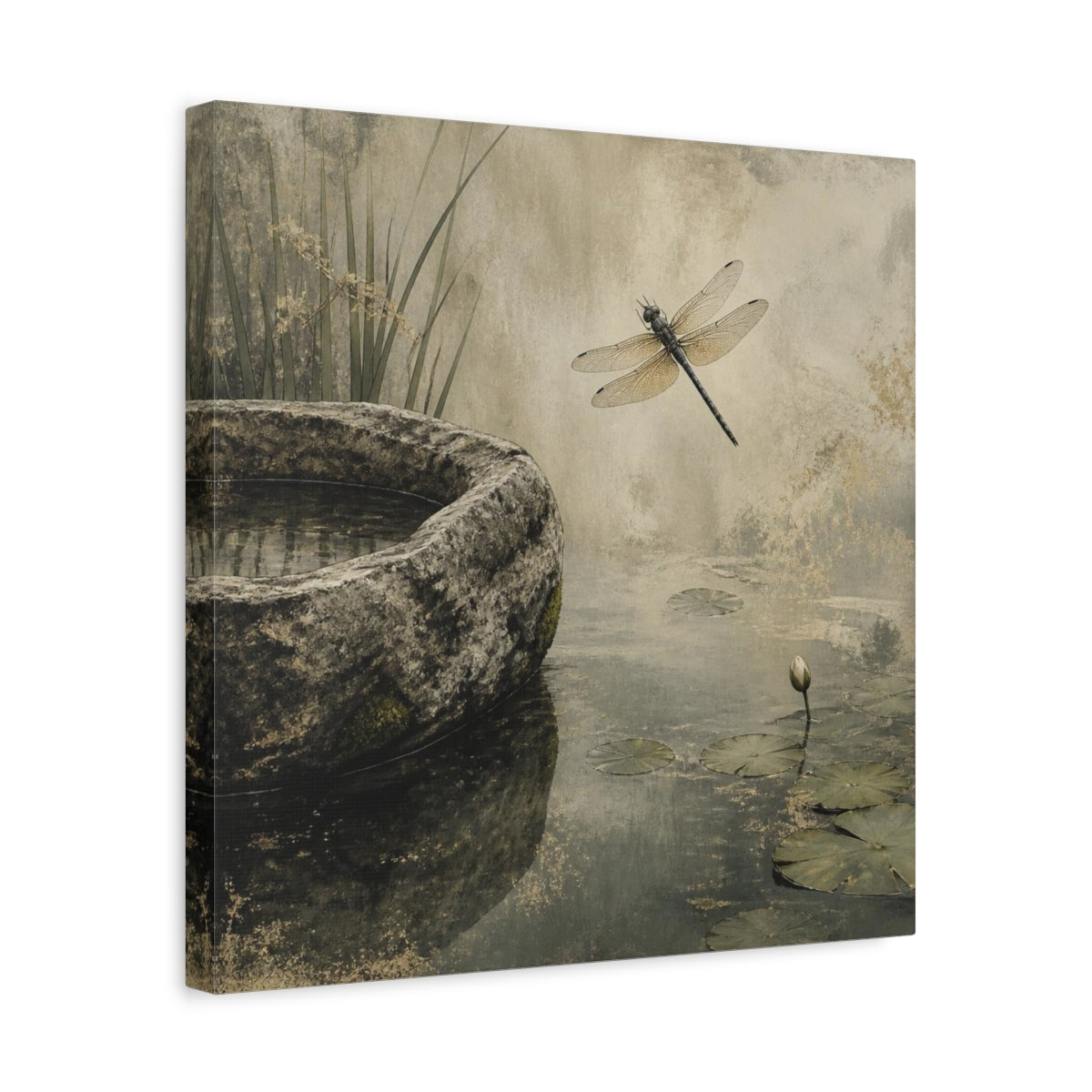 Side Mockup 6. Wabi Sabi Dragonfly Pond shown as canvas print