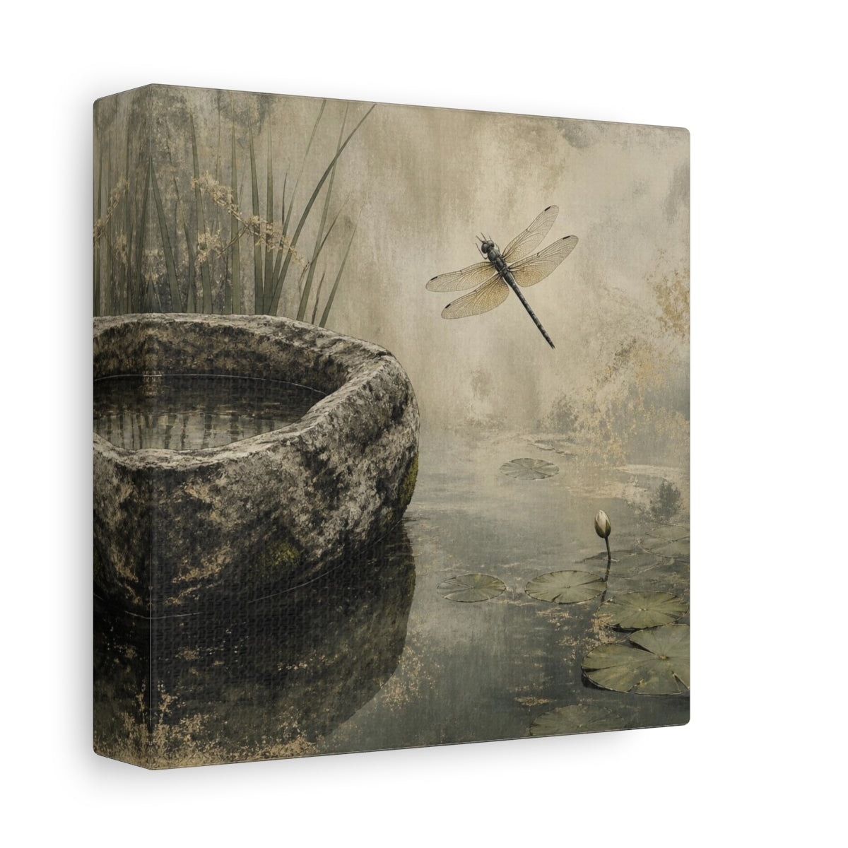 Side Mockup 2. Wabi Sabi Dragonfly Pond shown as canvas print