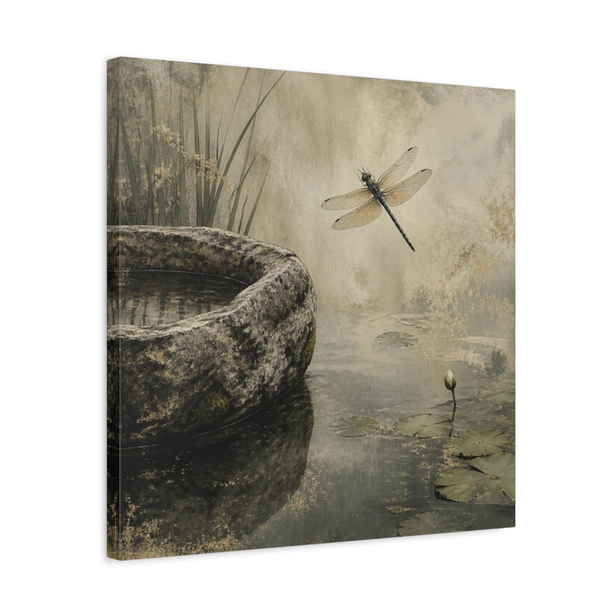 Side Mockup 5. Wabi Sabi Dragonfly Pond shown as canvas print