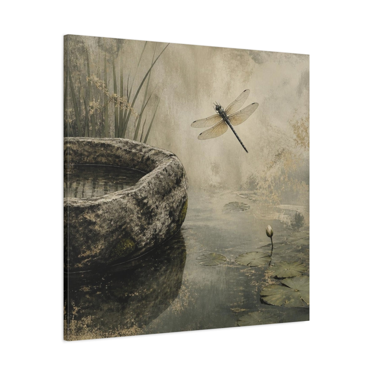 Side Mockup 1. Wabi Sabi Dragonfly Pond shown as canvas print