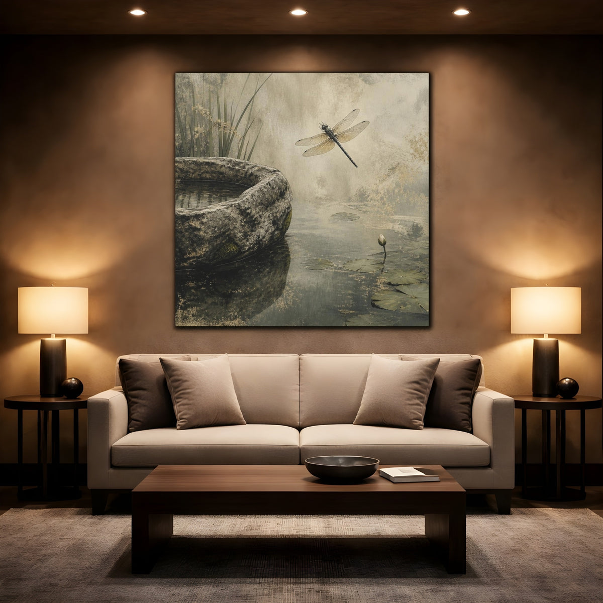 Mockup 2. Wabi Sabi Dragonfly Pond shown as canvas print