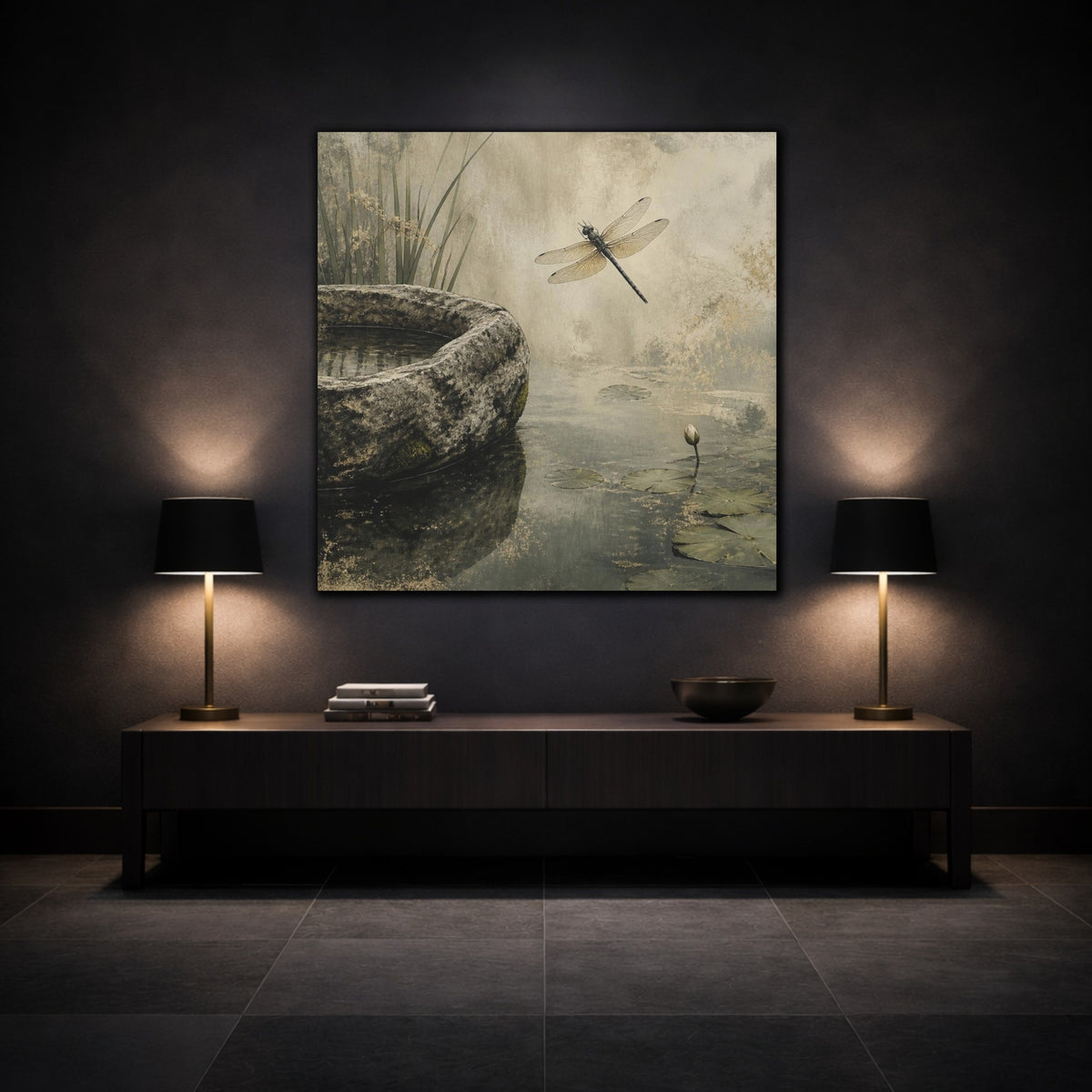 Mockup 3. Wabi Sabi Dragonfly Pond shown as canvas print