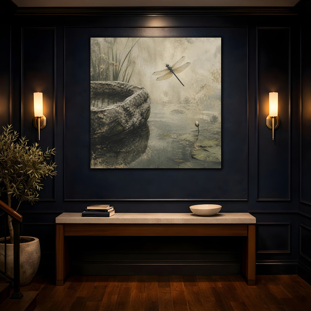 Mockup 4. Wabi Sabi Dragonfly Pond shown as canvas print