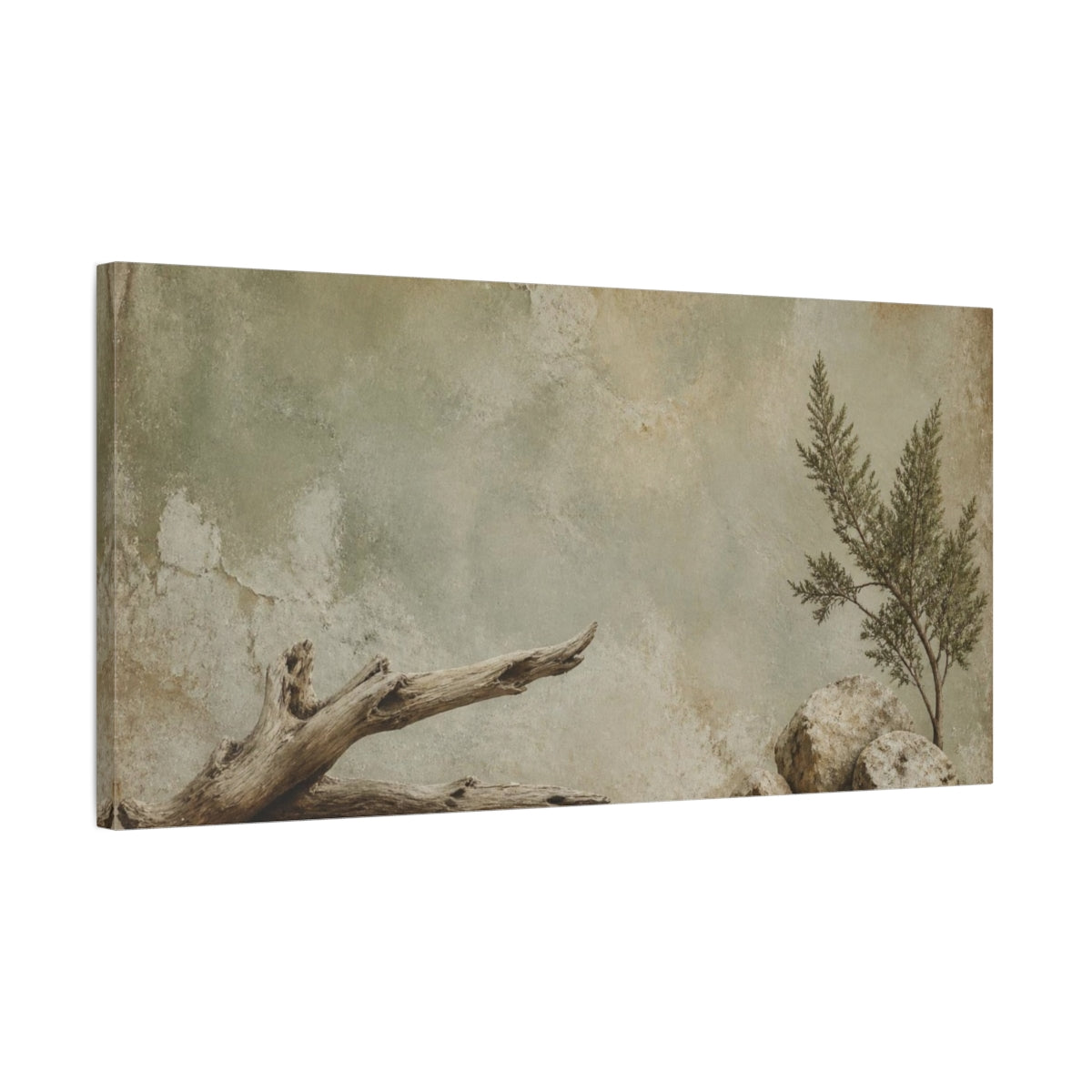 Side Mockup 1. Wabi Sabi Driftwood shown as canvas print