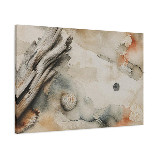 Main Mockup. Wabi Sabi Driftwood Shell shown as canvas print