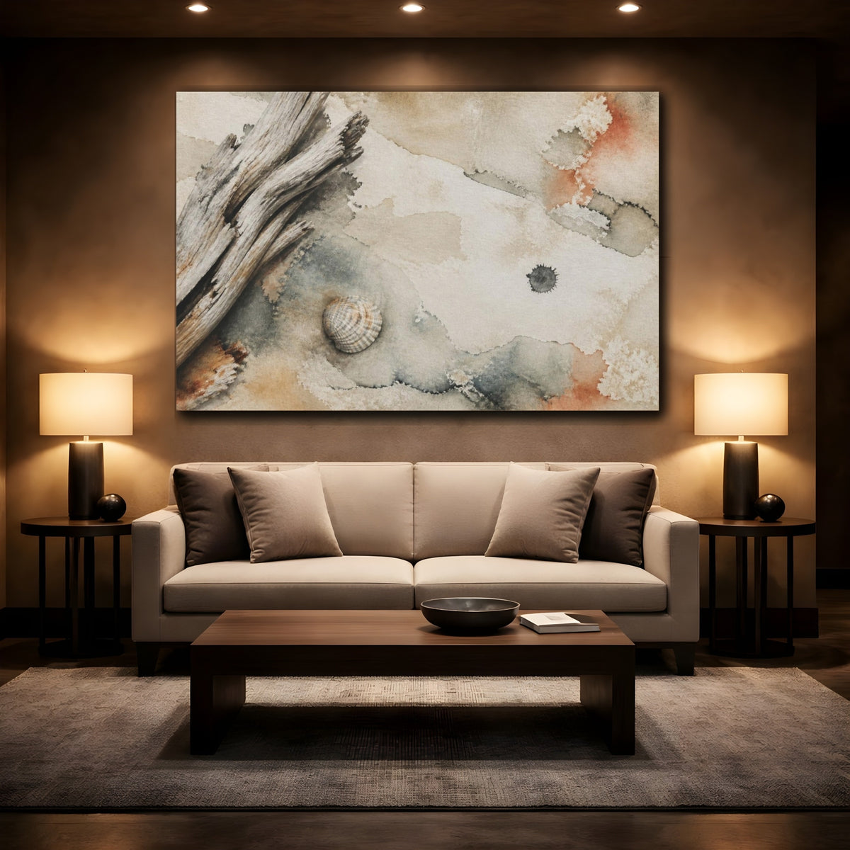 Mockup 2. Wabi Sabi Driftwood Shell shown as canvas print