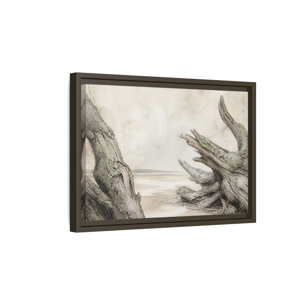 Side Mockup 5. Wabi Sabi Driftwood Shore shown as framed canvas print