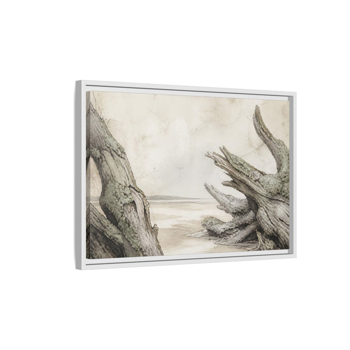 Side Mockup 1. Wabi Sabi Driftwood Shore shown as framed canvas print