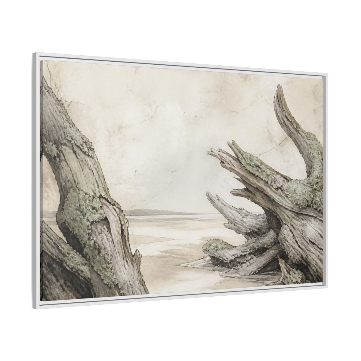 Side Mockup 7. Wabi Sabi Driftwood Shore shown as framed canvas print