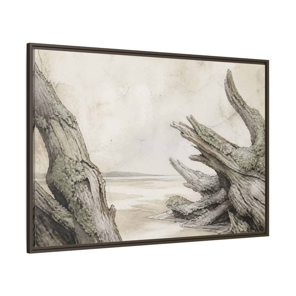 Side Mockup 8. Wabi Sabi Driftwood Shore shown as framed canvas print