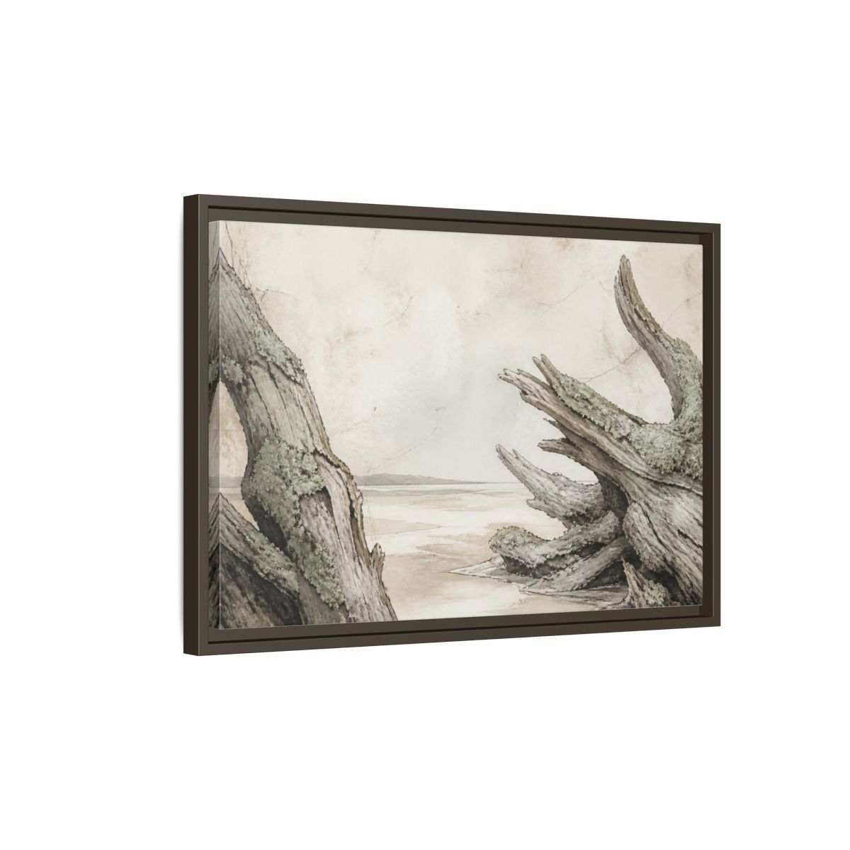 Side Mockup 2. Wabi Sabi Driftwood Shore shown as framed canvas print