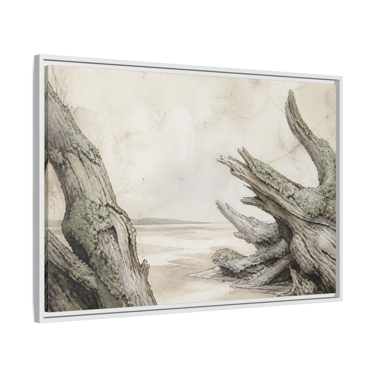Side Mockup 9. Wabi Sabi Driftwood Shore shown as framed canvas print