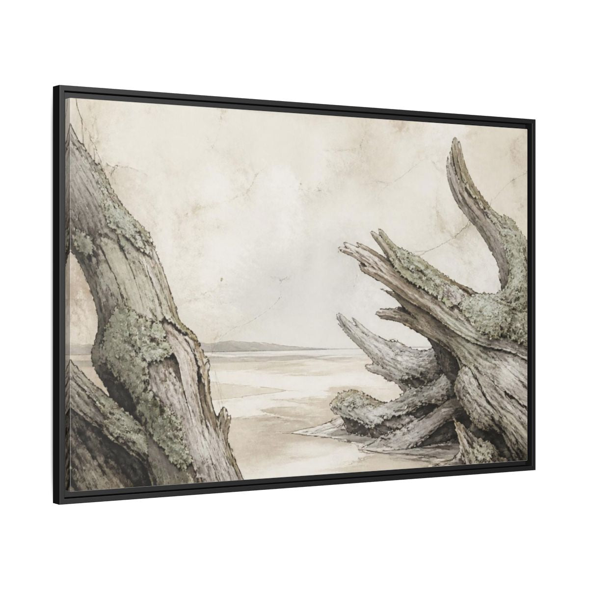 Side Mockup 12. Wabi Sabi Driftwood Shore shown as framed canvas print