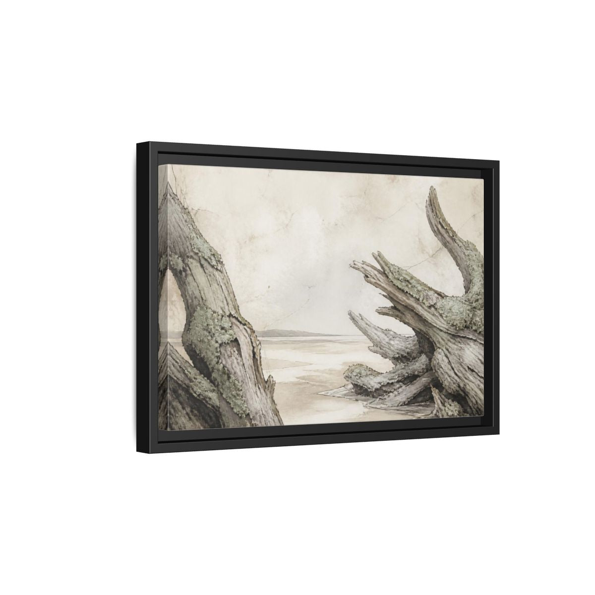 Side Mockup 6. Wabi Sabi Driftwood Shore shown as framed canvas print