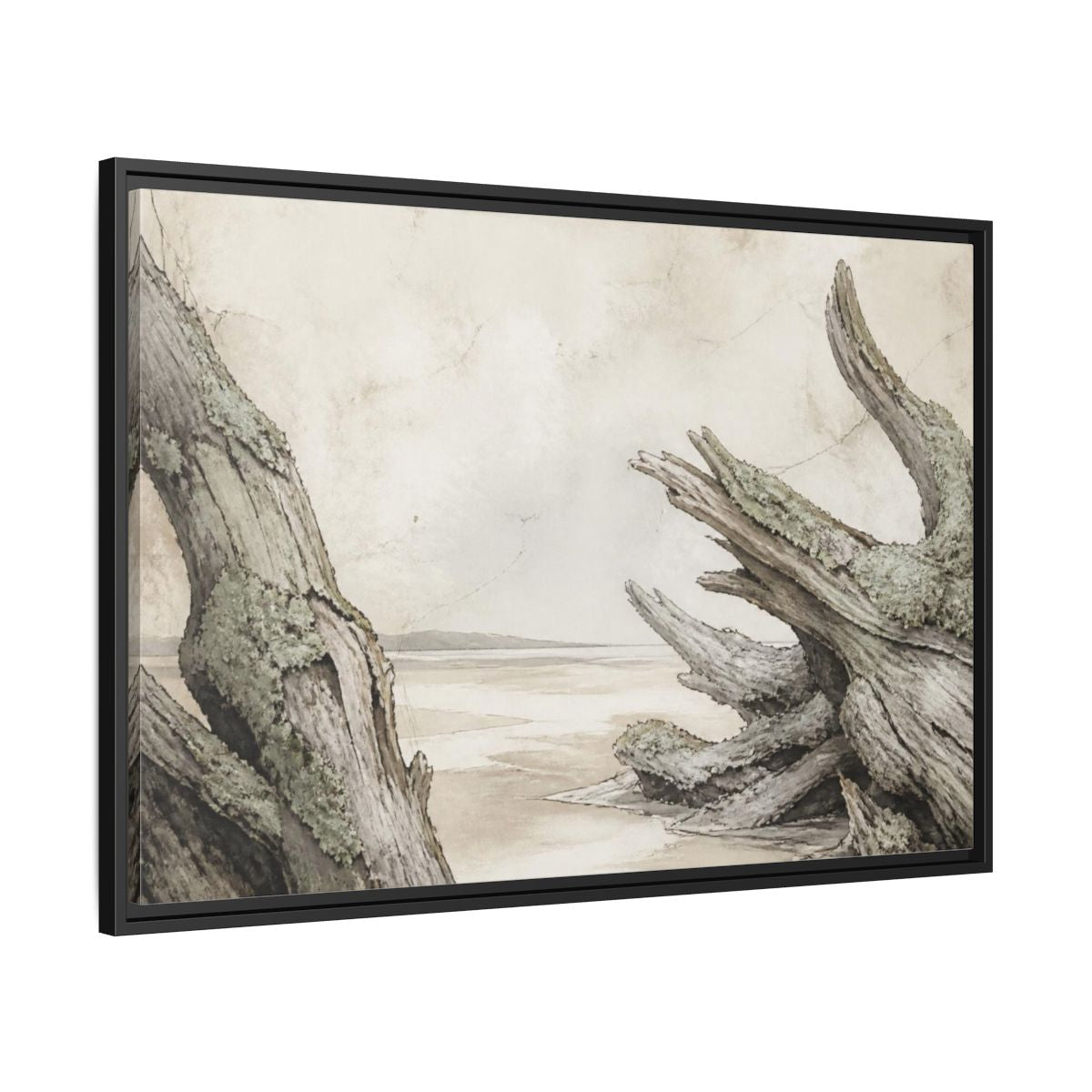 Side Mockup 13. Wabi Sabi Driftwood Shore shown as framed canvas print
