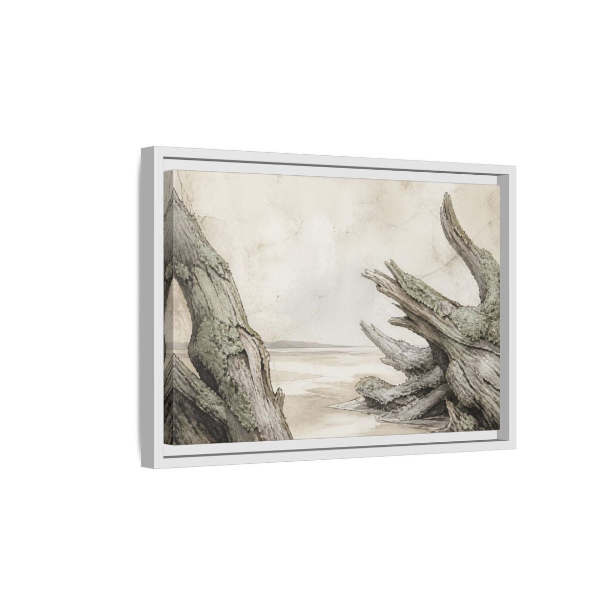 Side Mockup 4. Wabi Sabi Driftwood Shore shown as framed canvas print