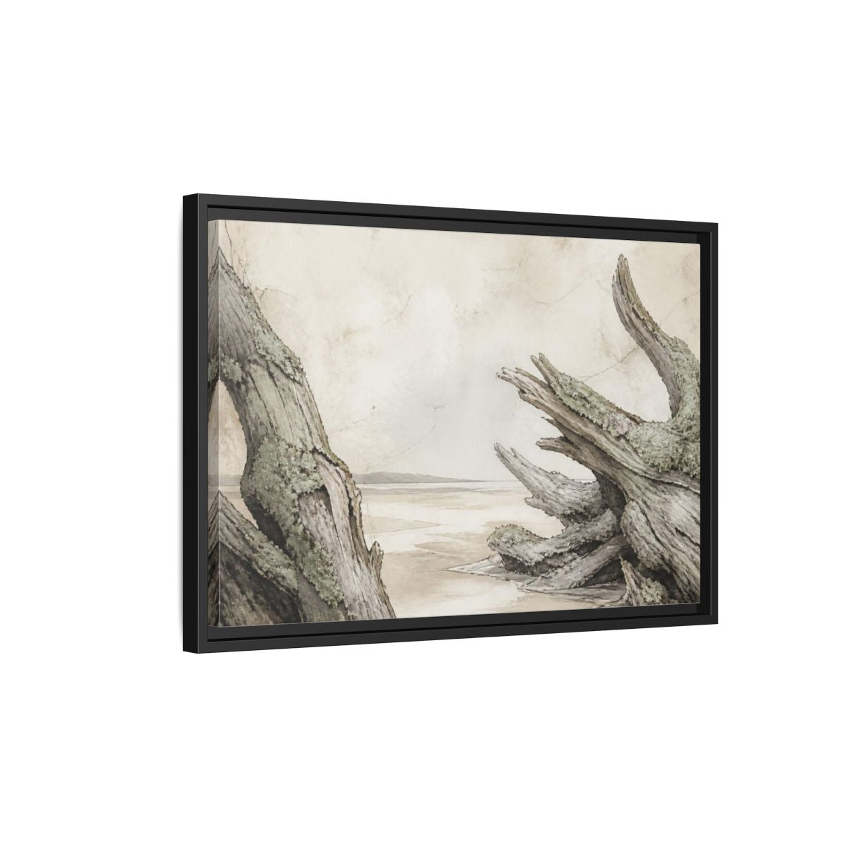 Side Mockup 3. Wabi Sabi Driftwood Shore shown as framed canvas print