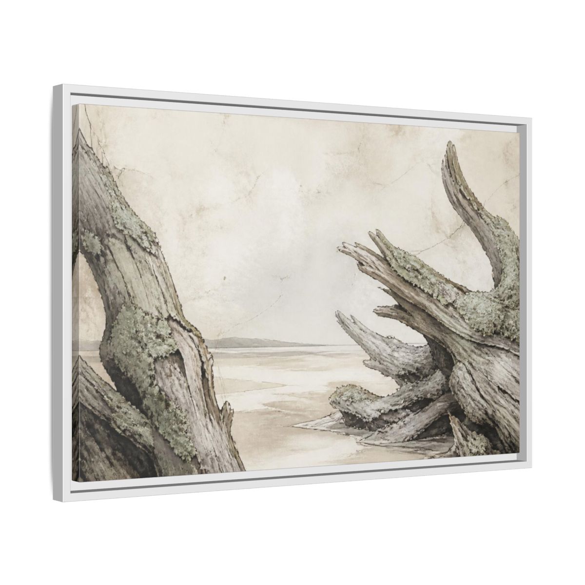 Side Mockup 10. Wabi Sabi Driftwood Shore shown as framed canvas print
