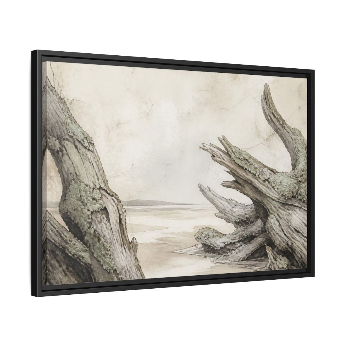 Side Mockup 14. Wabi Sabi Driftwood Shore shown as framed canvas print