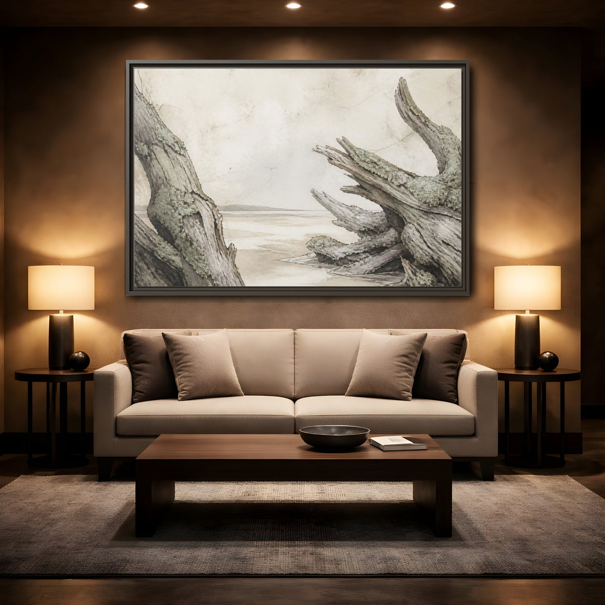 Mockup 2. Wabi Sabi Driftwood Shore shown as framed canvas print
