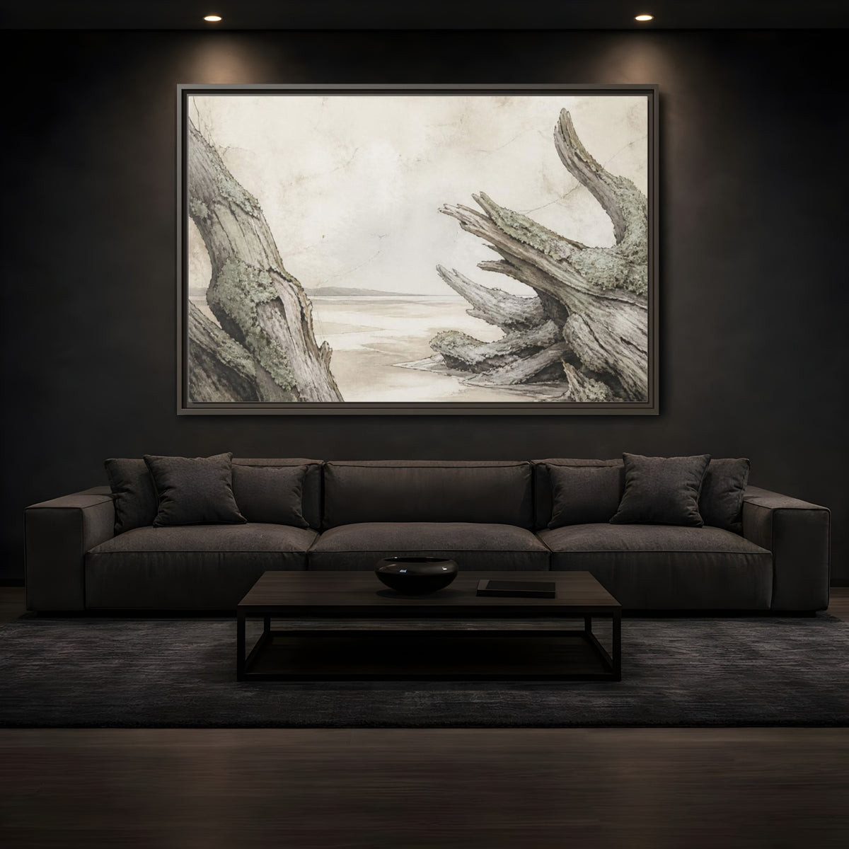 Mockup 3. Wabi Sabi Driftwood Shore shown as framed canvas print