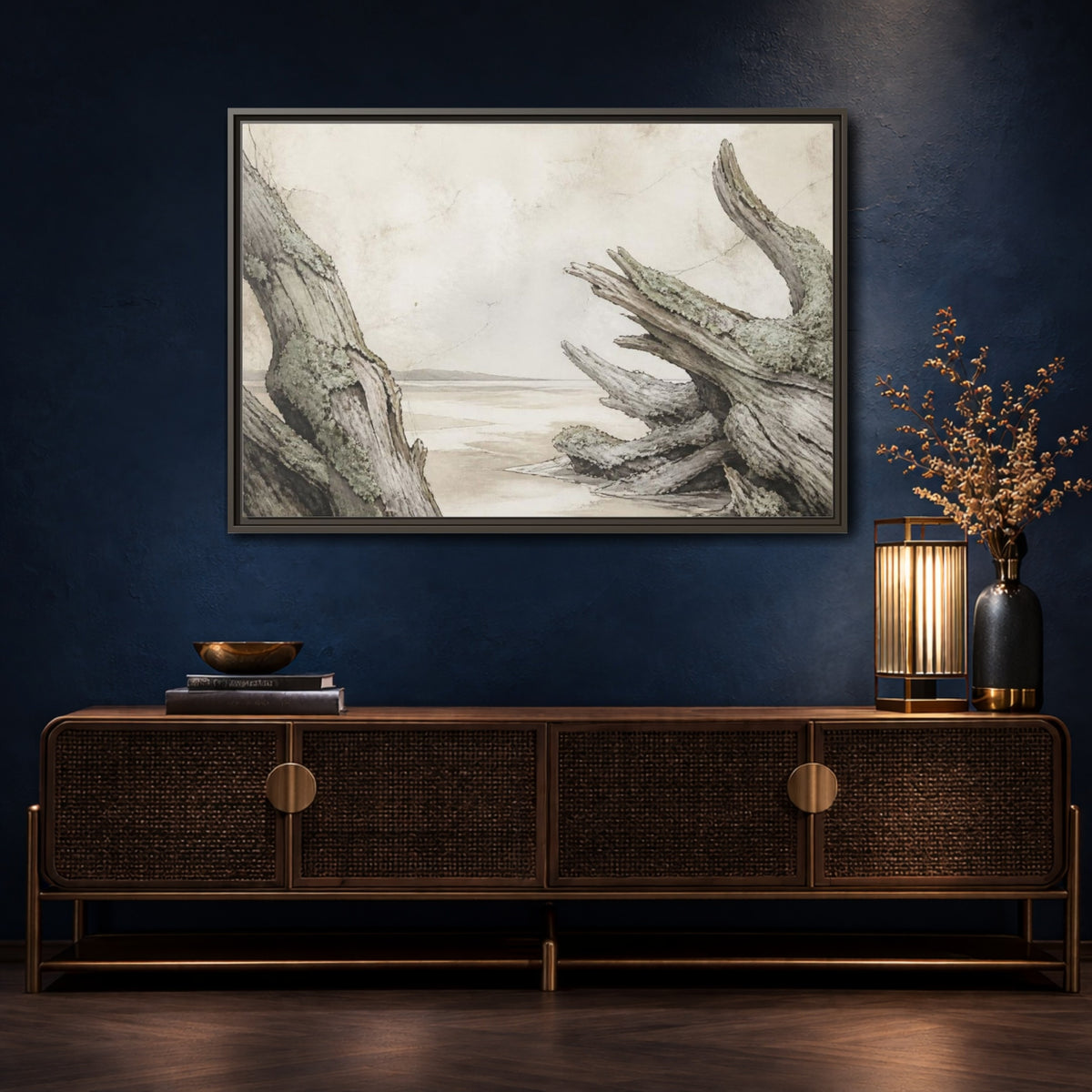 Mockup 4. Wabi Sabi Driftwood Shore shown as framed canvas print