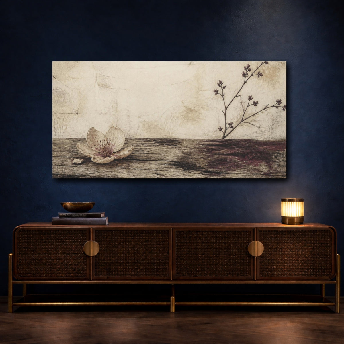 Mockup 4. Wabi Sabi Fallen Blossom shown as canvas print