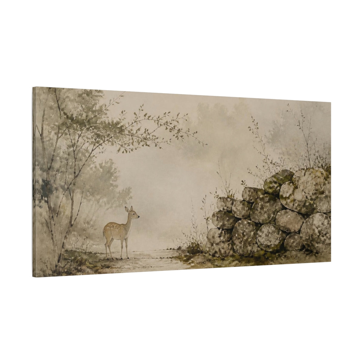 Side Mockup 2. Wabi Sabi Fawn By Wall shown as canvas print