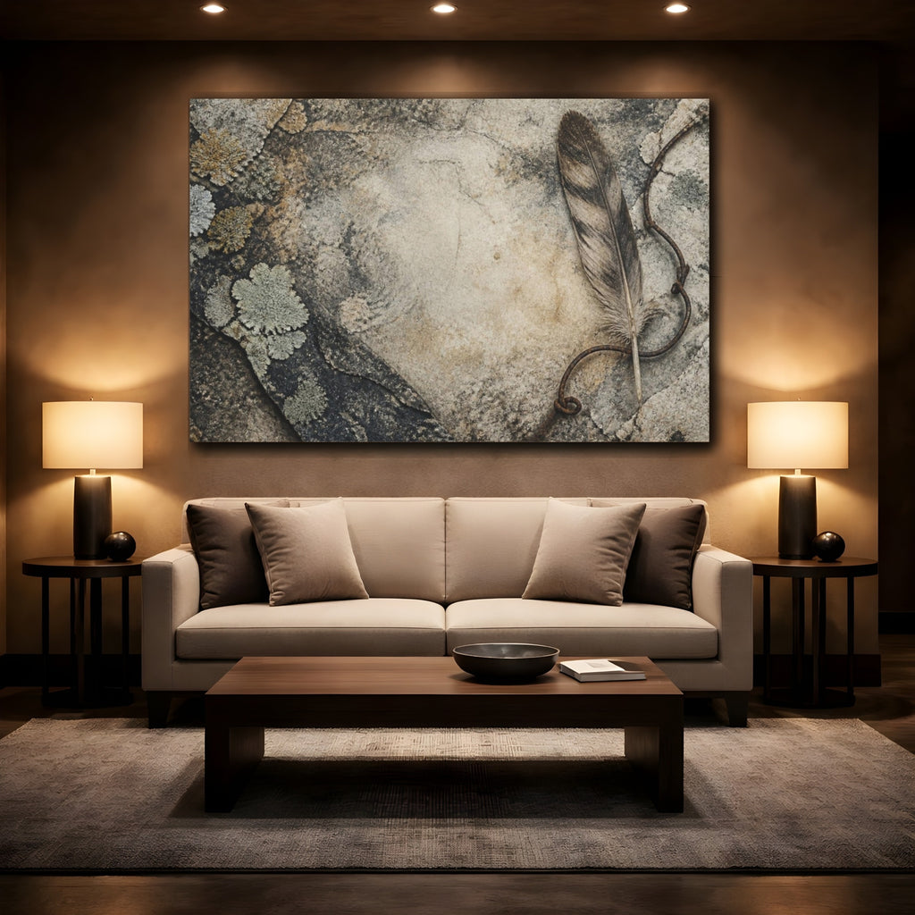 Mockup 2. Wabi Sabi Feather Study shown as canvas print