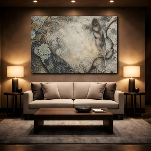 Mockup 2. Wabi Sabi Feather Study shown as canvas print
