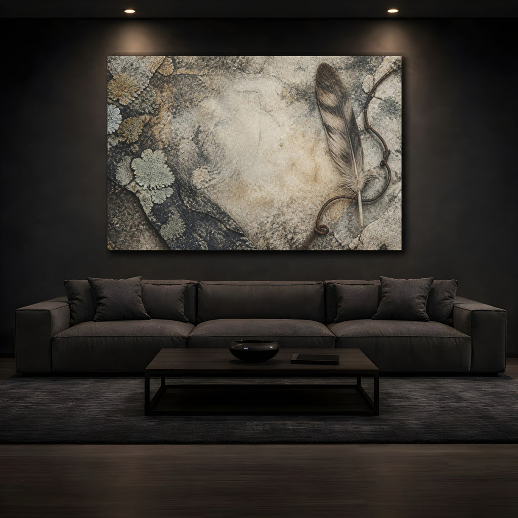 Mockup 3. Wabi Sabi Feather Study shown as canvas print