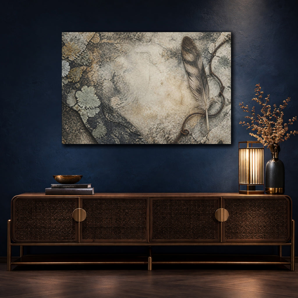Mockup 4. Wabi Sabi Feather Study shown as canvas print